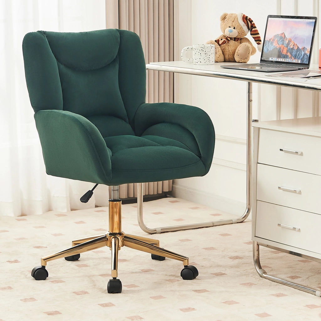 Sedia da ufficio girevole regolabile in altezza in velluto verde con base in metallo dorato 64 × 62 × 92.5 cm