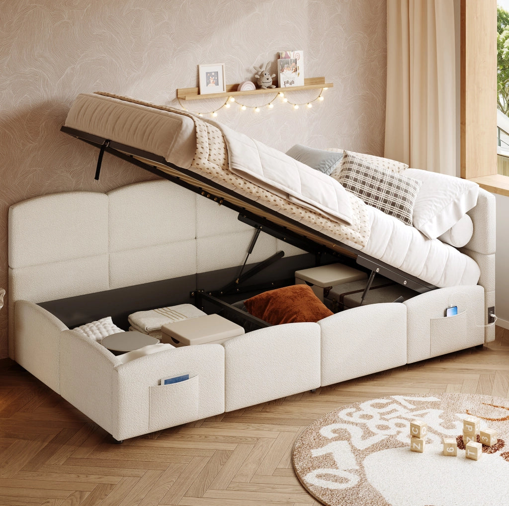 Letto contenitore 90x200 cm con USB A e USB C; tasche laterali; tessuto bouclé beige