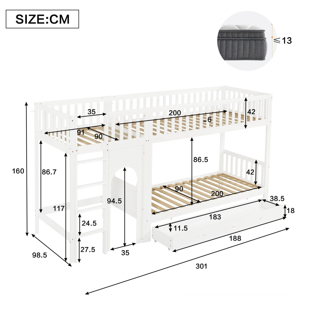 LETTO a castello 90x200 cm in legno massello e MDF bianco e naturale