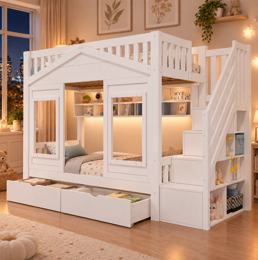 Letto a soppalco per bambini 90x200 cm con scala contenitore e cassetto in pino e MDF; bianco