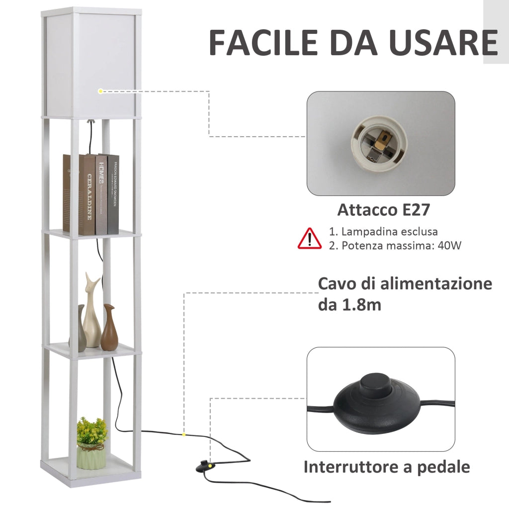 Lampada da Terra 26x26x160 cm E27 40W con Mensole in MDF Bianca