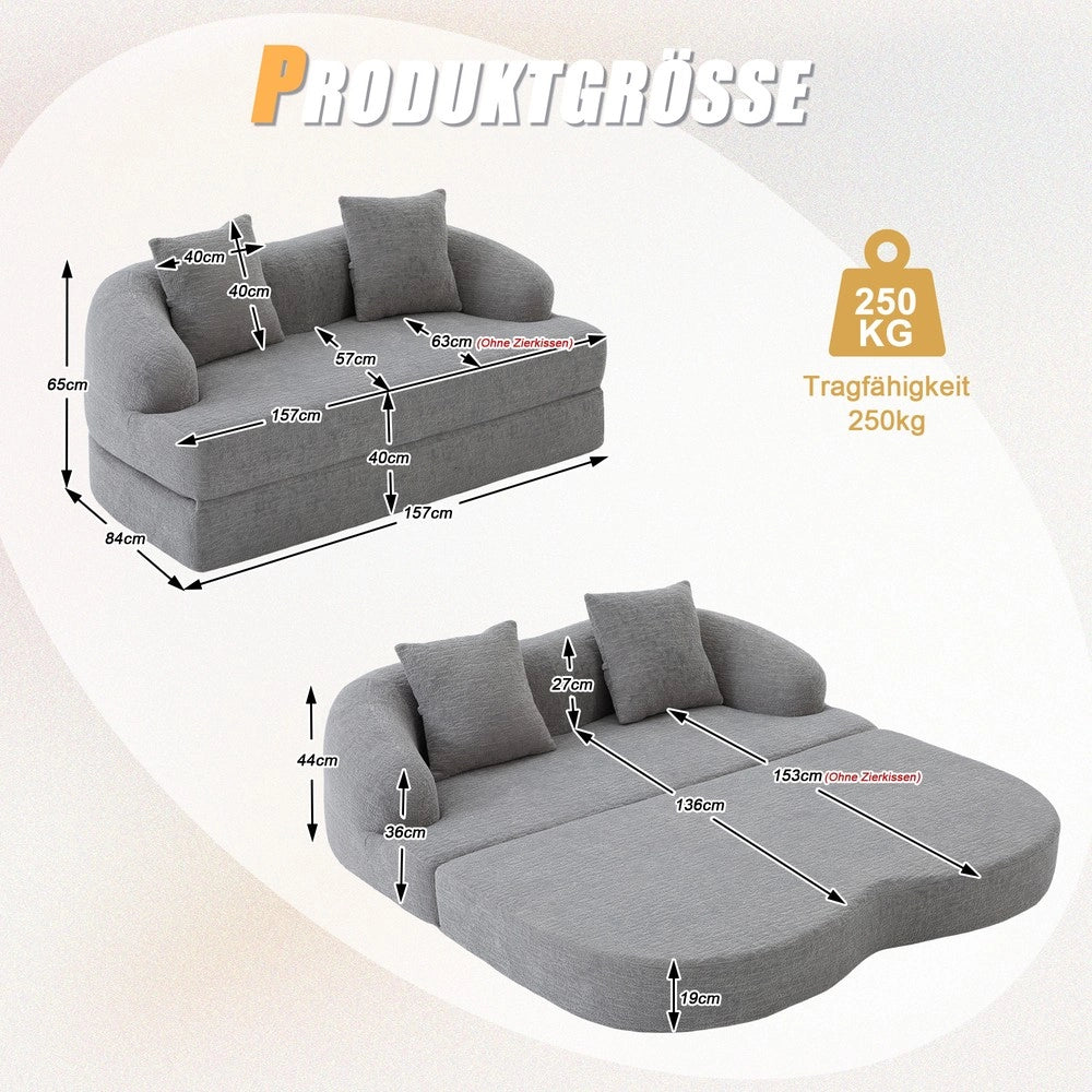 Divano letto 2 posti ¨C Minimal ¨C Chenille grigio chiaro con cuscini
