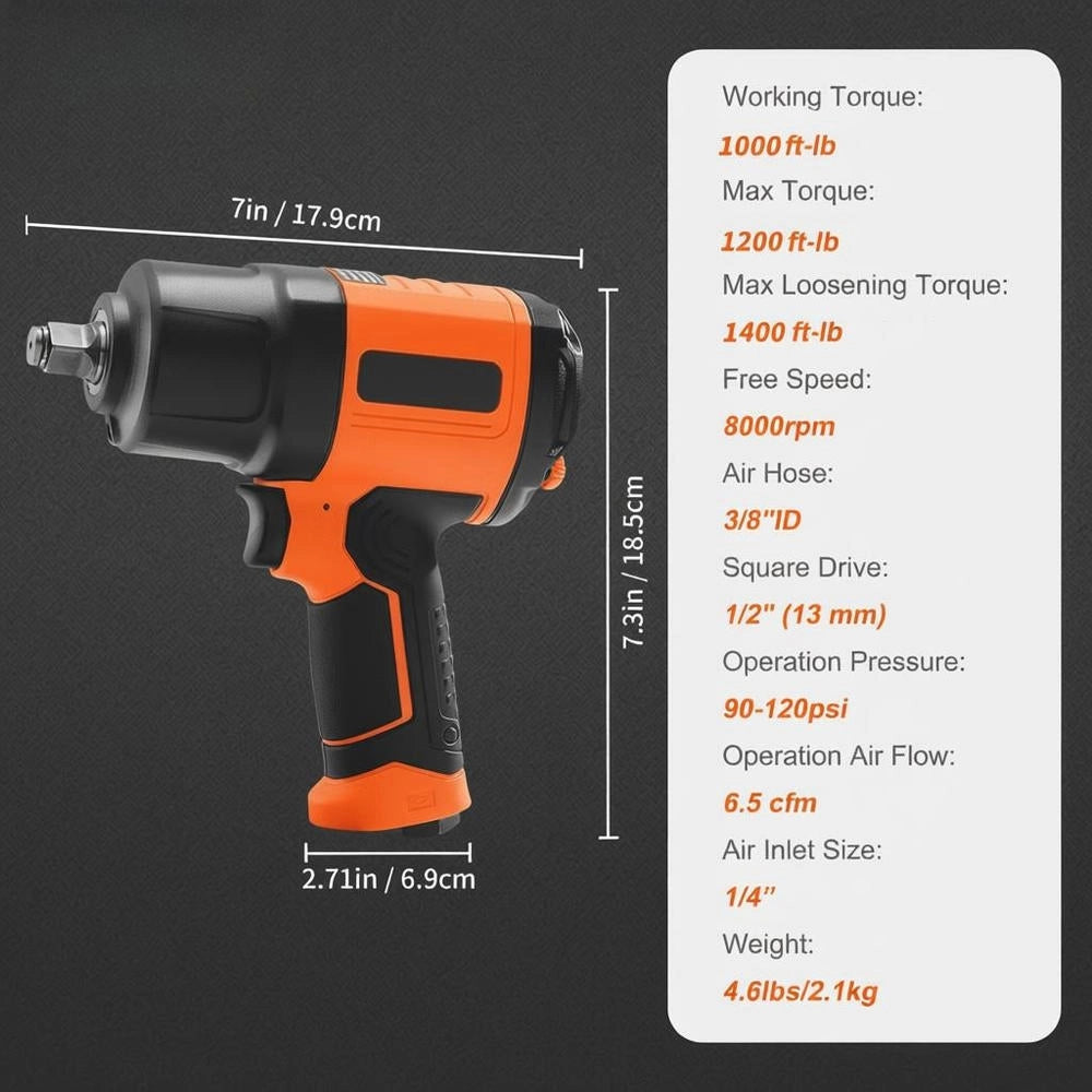 Pneumatic Impact Wrench, Max. Loosening Torque 1898 Nm, 1.27 Cm Square Drive, Max. Torque 1627 Nm, Low Vibration, Includes 10 Sockets, 8000 Rpm No-load Speed