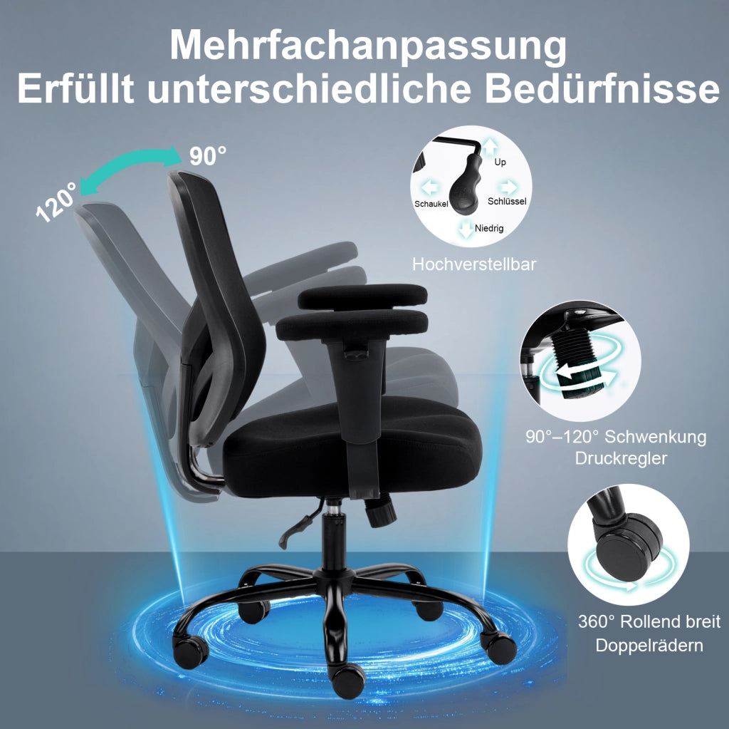 Sedia da ufficio nera ergonomica con supporto lombare regolabile e braccioli 2D