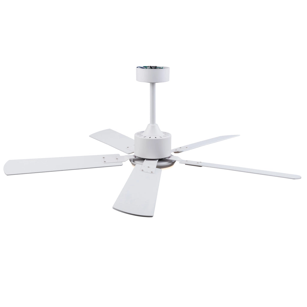 Ventilatore da soffitto con luce LED dimmerabile; telecomando e finitura bianca e rovere chiaro