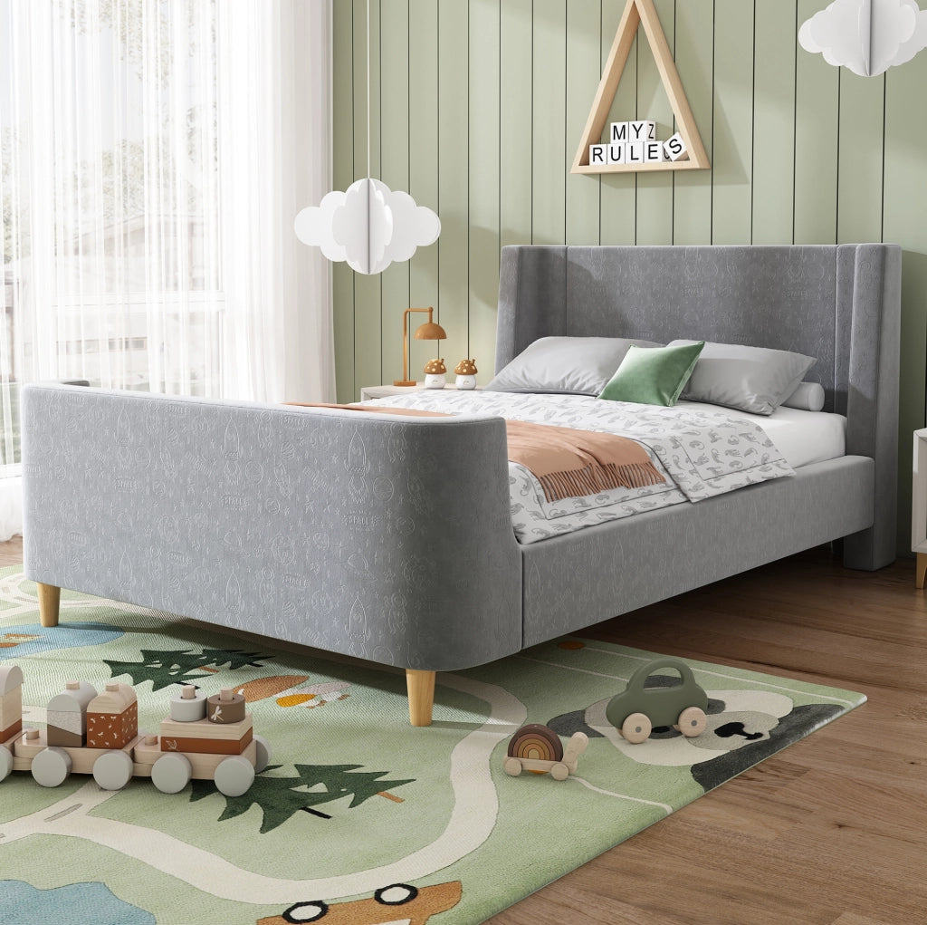 Letto singolo per bambini 90x200 cm in velluto grigio con struttura in metallo e legno massello, design a slitta con motivo spaziale