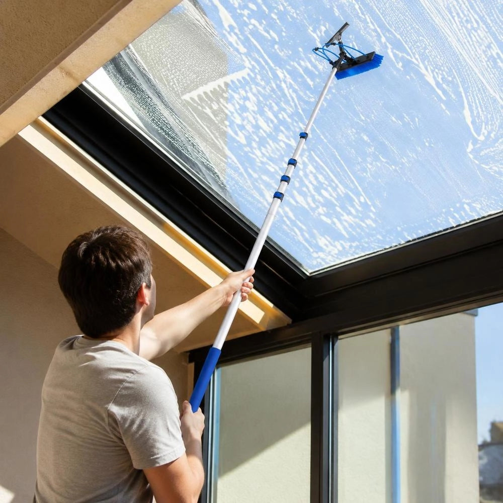 Kit Di Pulizia Per Pannelli Fotovoltaici, 10 M, Spazzola 2 In 1 Con Asta Telescopica In Alluminio Per Lavaggio Di Pannelli Solari, Con Tergivetro, Dispenser Di Sapone, Testa Ruotabile A 180°