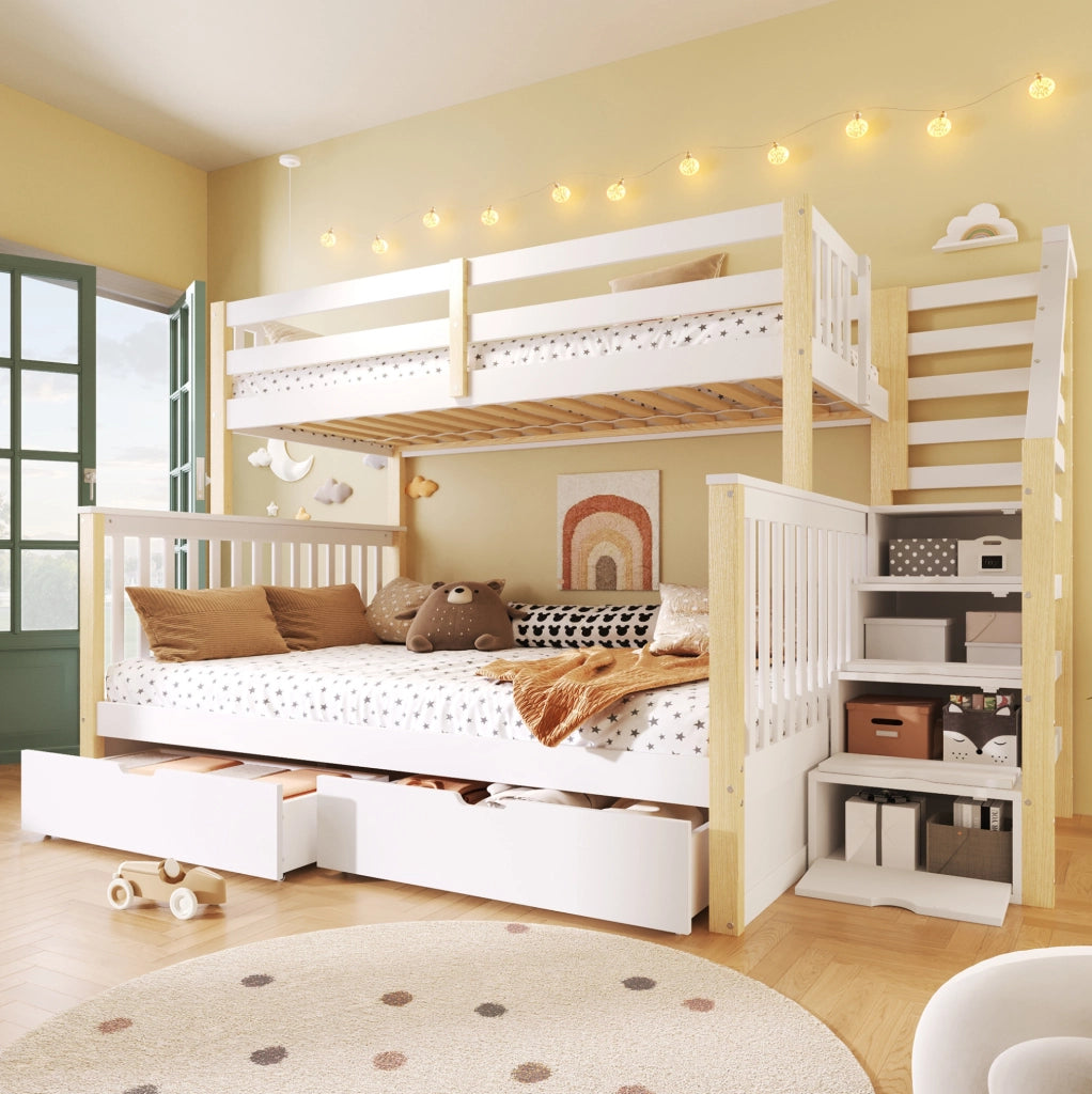 LETTO A CASTELLO 90x200/140x200 cm Bianco e Naturale con cassetti