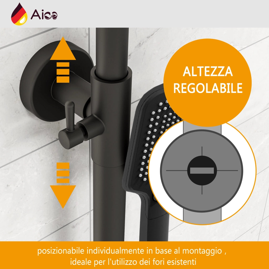 AICA Colonna doccia con miscelatore termostatico, rubinetto doccia 28x4cm, soffione doccia quadrato 30x30cm in acciaio inox nero