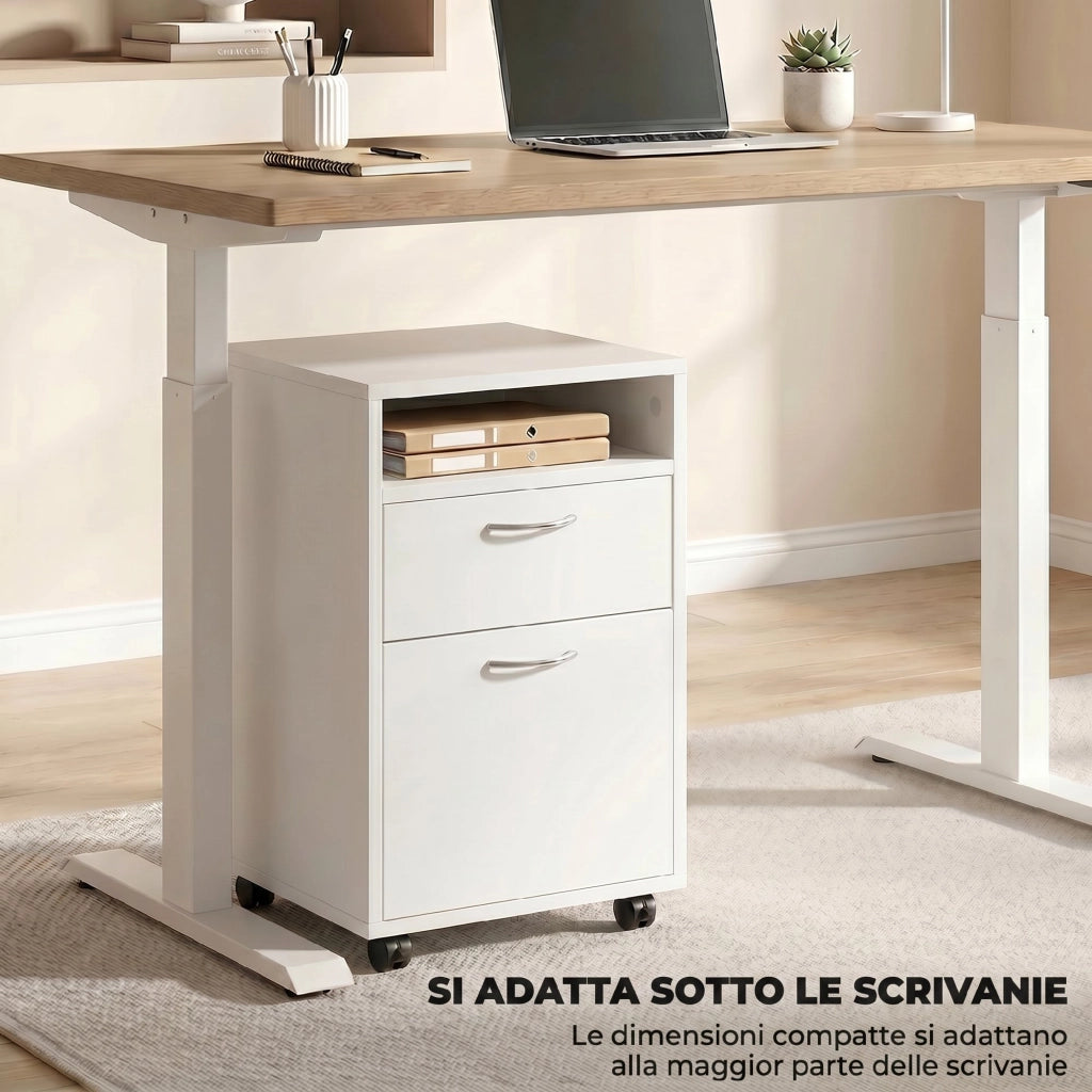 Cassettiera da Ufficio con Ruote a Freno Schedario Portadocumenti A4 Mobiletto Salvaspazio con Cassetto e Ripiano Aperto Bianco 40x35x60 cm