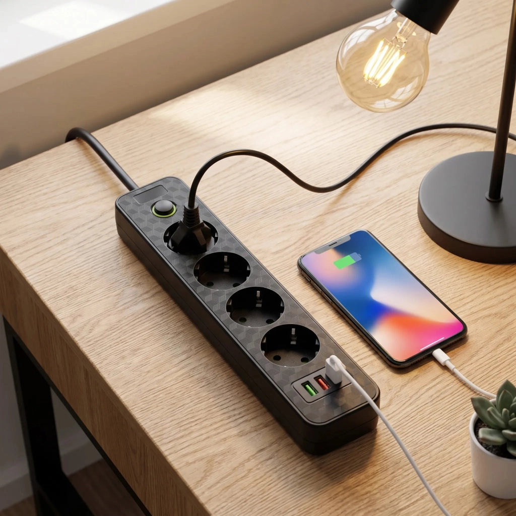Multipresa Con Prolunga, 4 Prese + 2 Porte Usb-a + Usb-c Jnh021-4a Black