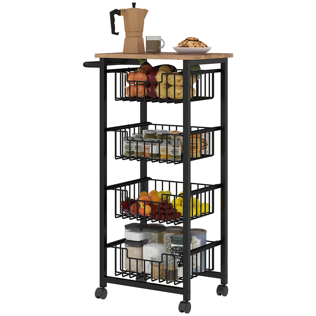 Carrello da Cucina Salvaspazio in Acciaio e Legno con 4 Cestini Estraibili e Ruote con Freno 49.5x31x91 cm Rovere