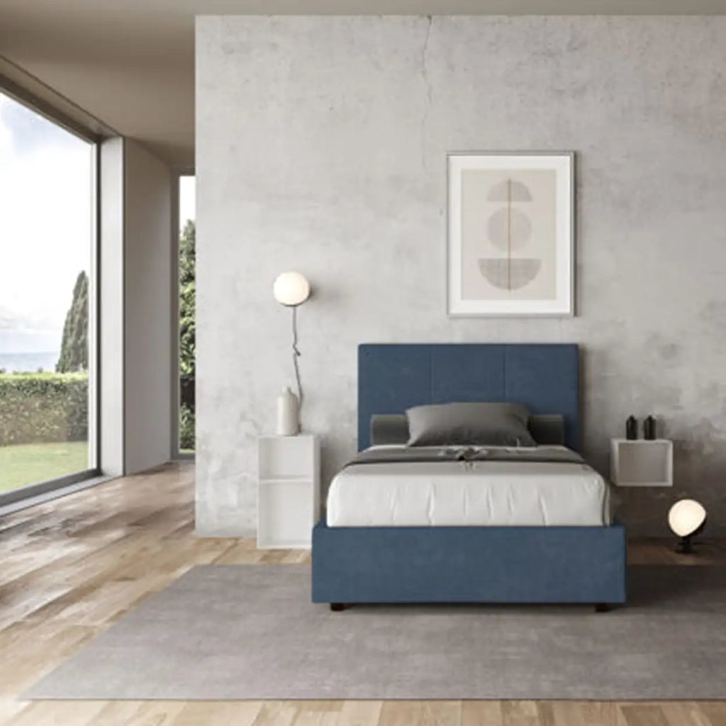 Letto una piazza e mezza senza rete imbottito 120x190 microfibra blu Mika