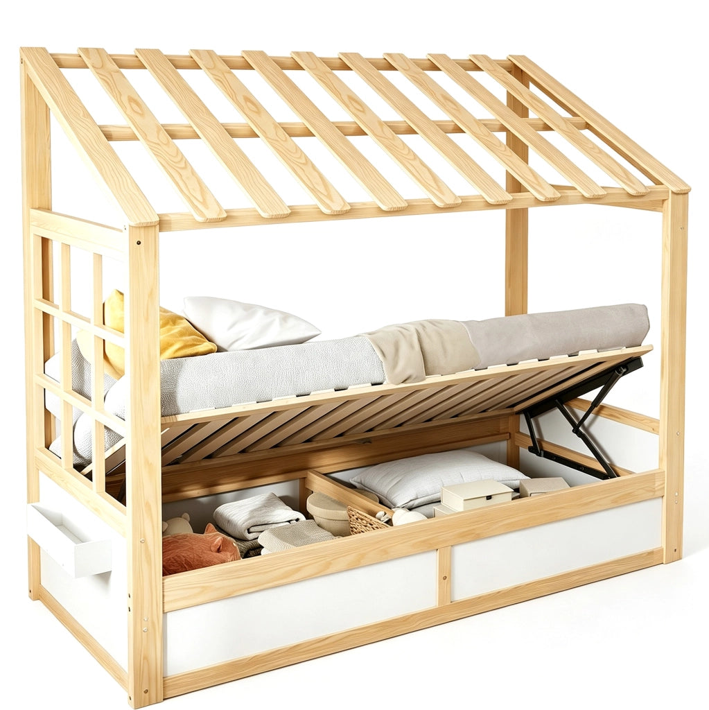 Letto per bambini 90x200 cm con tetto e vano contenitore