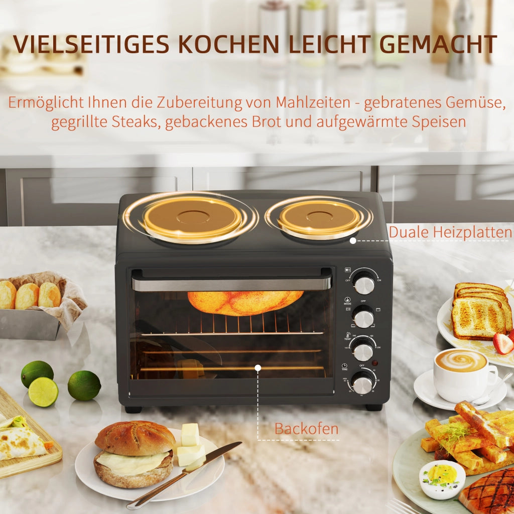 Mini Forno Elettrico 28L 2600W, 100-230°C, Timer 60 Min, con 2 Piastre Riscaldanti, Teglia, Griglia e Vassoio Briciole, Maniglia, Nero