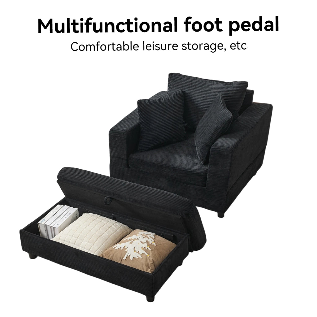 Chaise longue con contenitore, poltrona lounge in velluto a coste, metallo e legno, nero