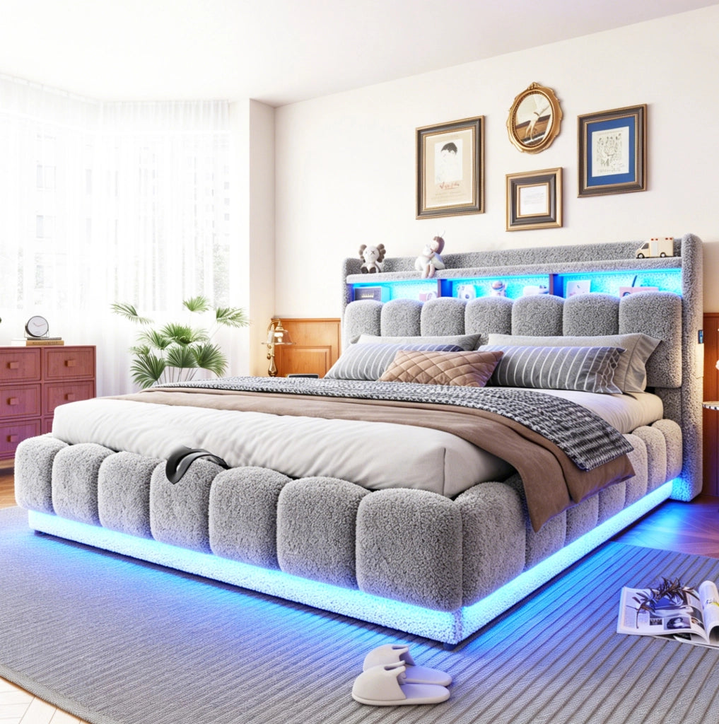 Letto imbottito 180 × 200 cm con contenitore idraulico; LED; USB e presa; bouclé grigio