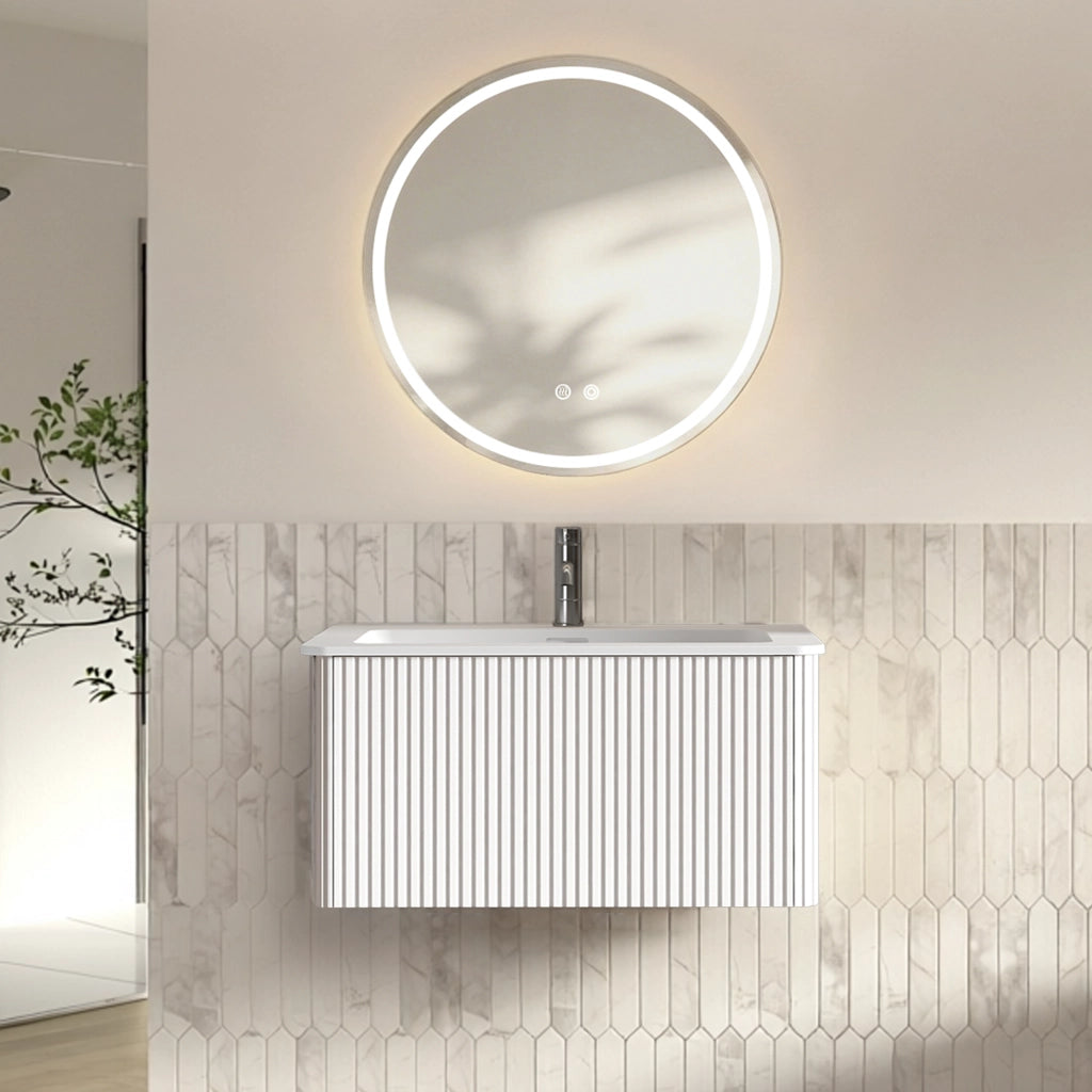 Mobile bagno sospeso con lavabo integrato e specchio LED regolabile antiappannamento in MDF e compensato bianco