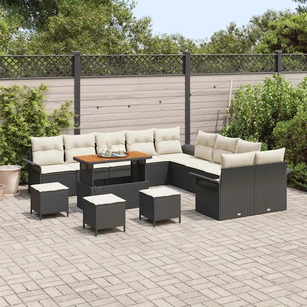 Set Divano da Giardino con cuscino 14 pcs Nero e Crema