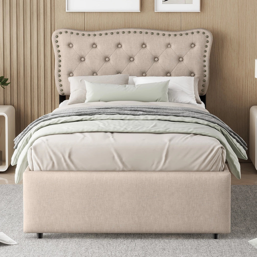 Letto singolo imbottito 90x200 cm in lino e MDF; beige scuro con 2 cassetti