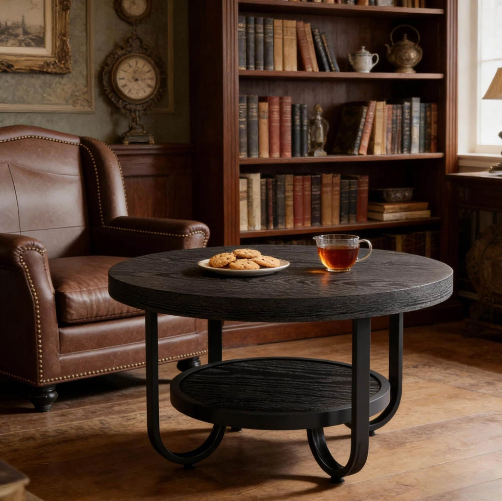 TAVOLINO DA CAFFÈ rotondo 79 cm 2 ripiani nero MDF e metallo