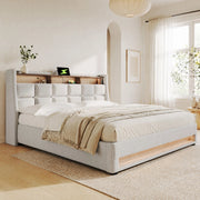 Letto imbottito 140x200 cm beige con LED, USB e contenitore