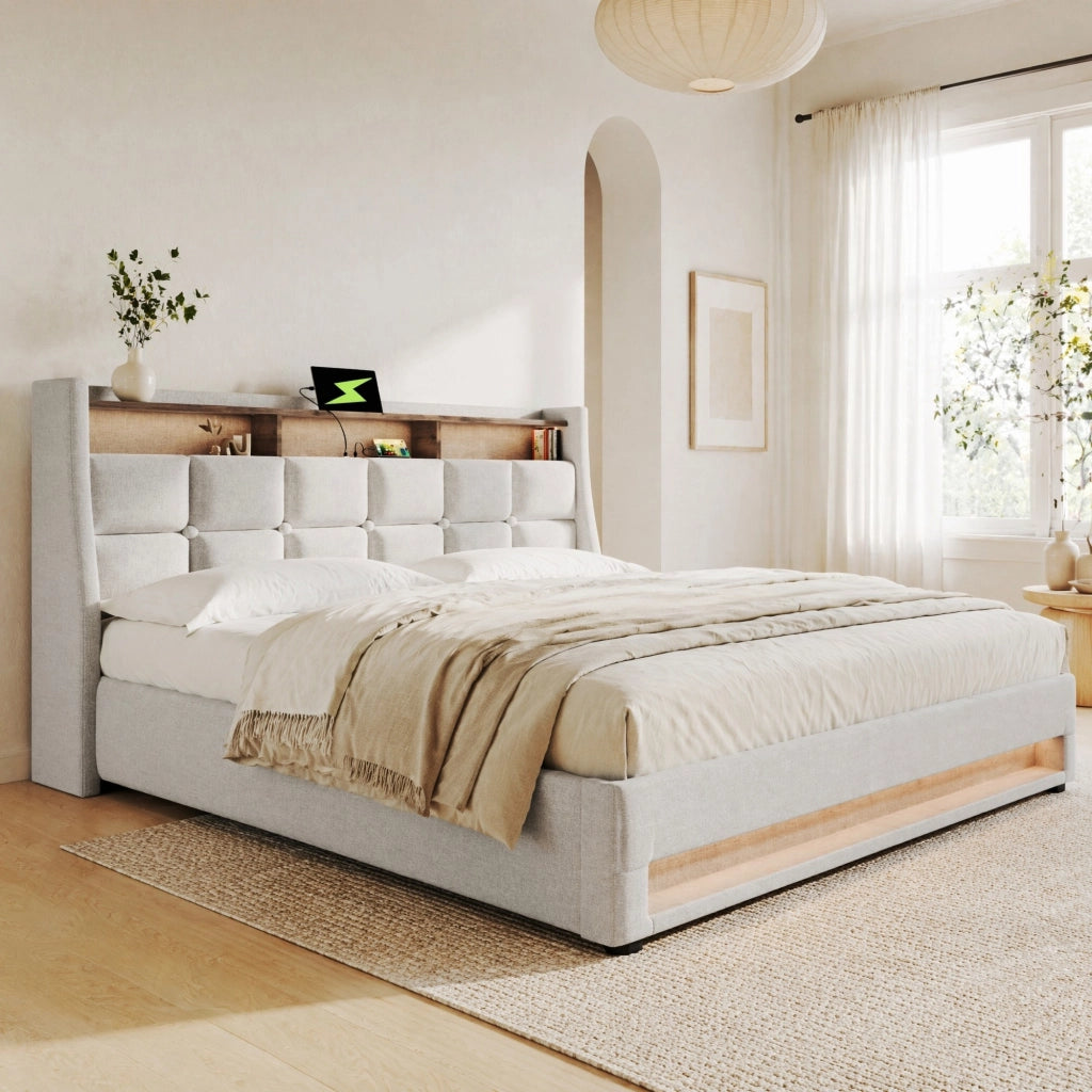 Letto imbottito 140x200 cm beige con LED, USB e contenitore