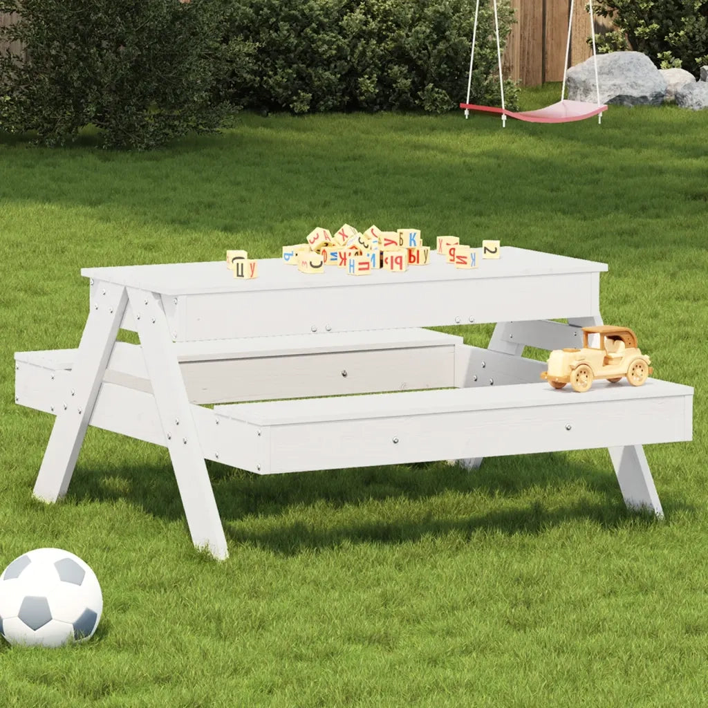 Tavolo Picnic con Sabbiera Bambini Bianco Legno Massello Pino 832593