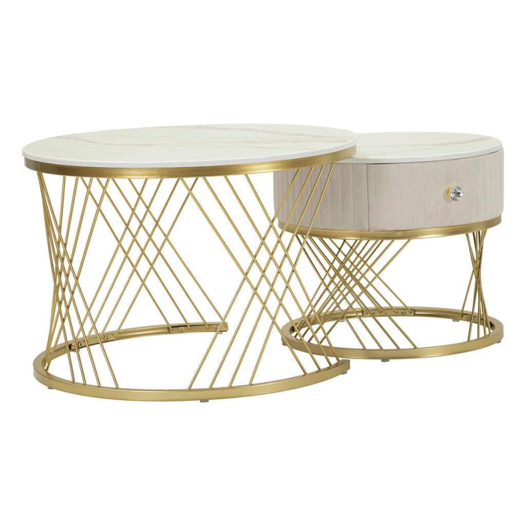 Coppia tavolini da caffe' Votix rotondi in crema e oro O70x48 e O50x43 cm