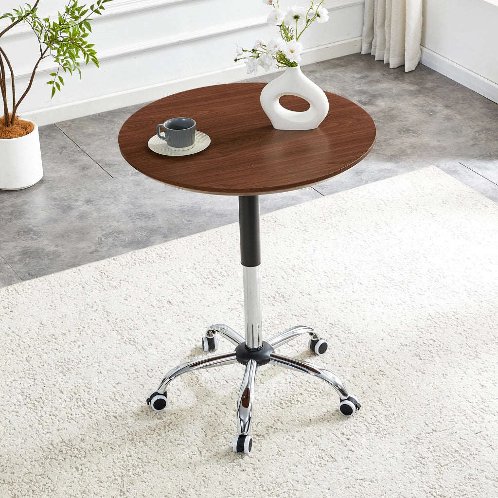 Tavolo regolabile diametro 70 cm con ruote; MDF e metallo noce