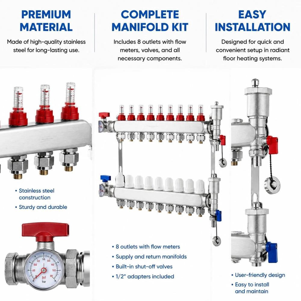 8-branch Heat Distribution Manifold, 1/2-inch PEX Pipe Manifold, Stainless Steel PEX Manifold For Hydronic Underfloor Heating, Heat Distribution PEX Manifold Set With 1/2-inch Adapters Included