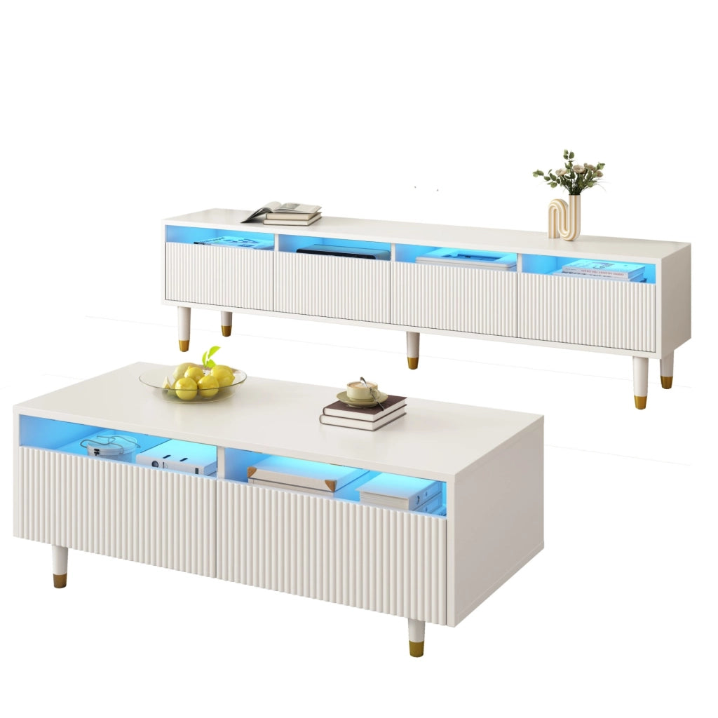Set mobile TV 4 ante e tavolino 2 cassetti con LED 7 colori; MDF bianco e oro