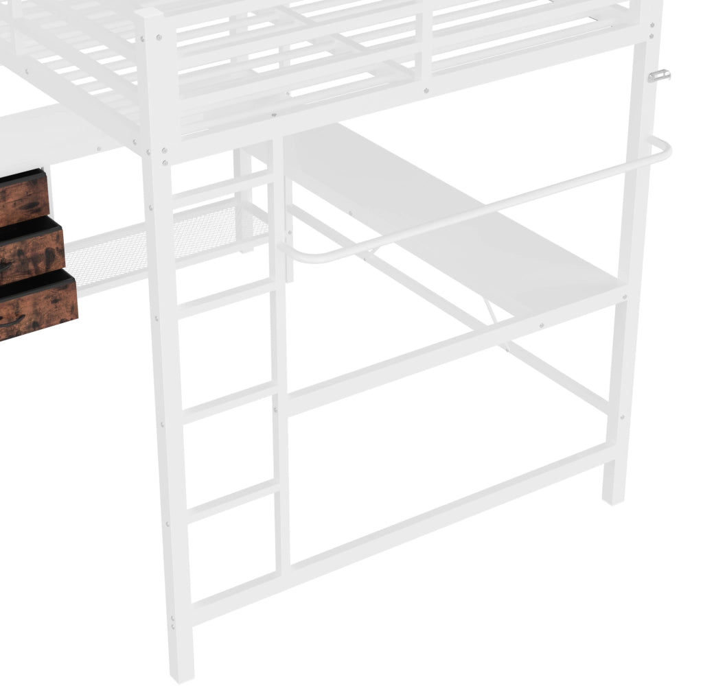 Letto a soppalco 140x200 cm in metallo e MDF bianco con scrivania; LED; prese USB e 3 cassetti