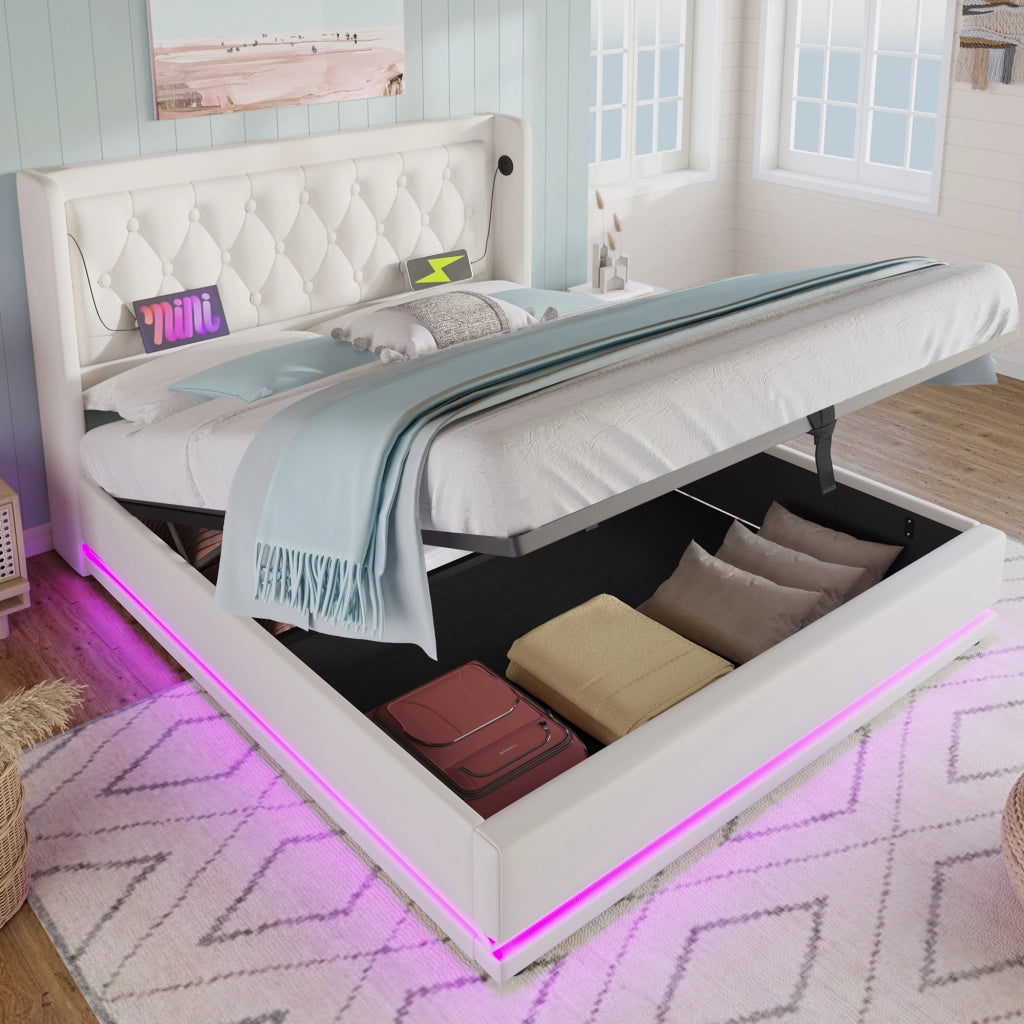 Letto contenitore matrimoniale 160 × 200 cm con USB, porta tipo C e LED regolabile, senza materasso, in PU bianco