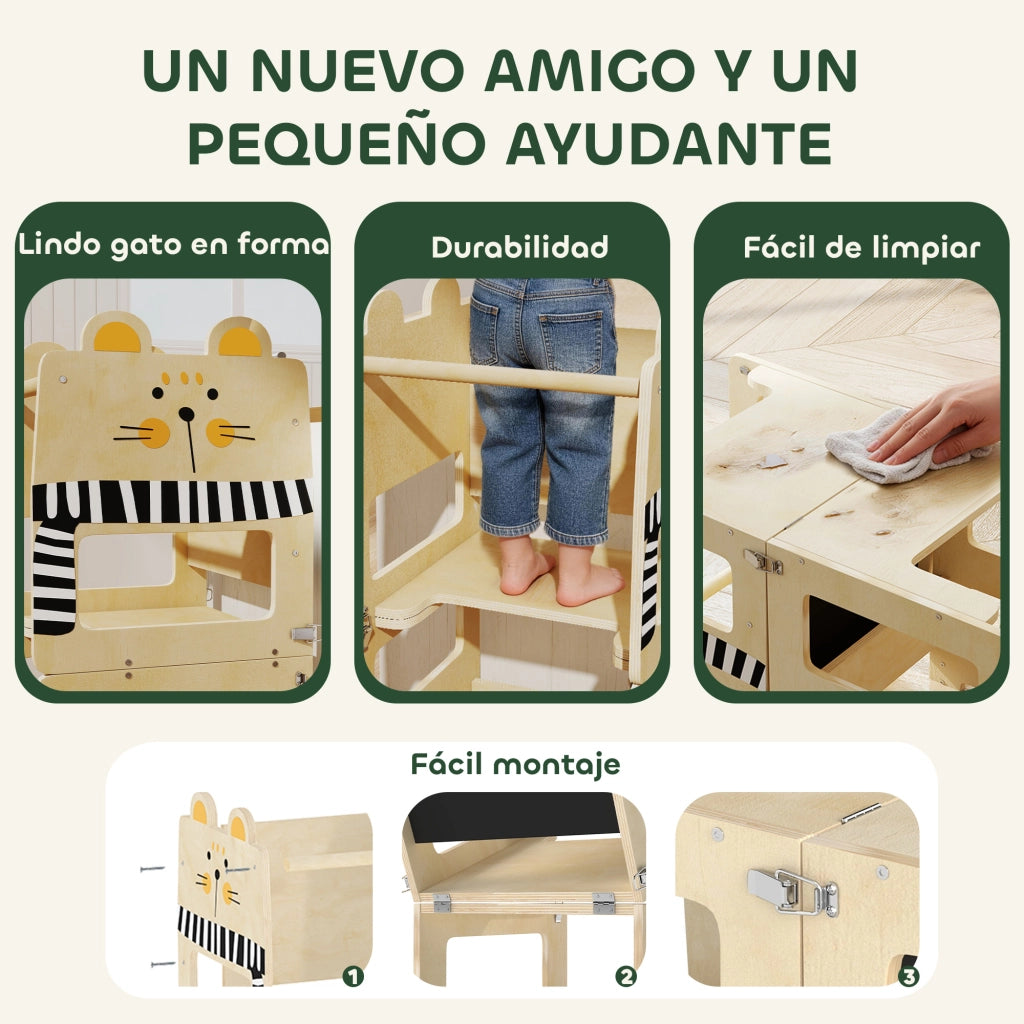 Torre di Apprendimento 3 in 1 ¨C Xylo ¨C Pieghevole Convertibile Scrivania Sedia con Lavagna Gatti Legno Naturale