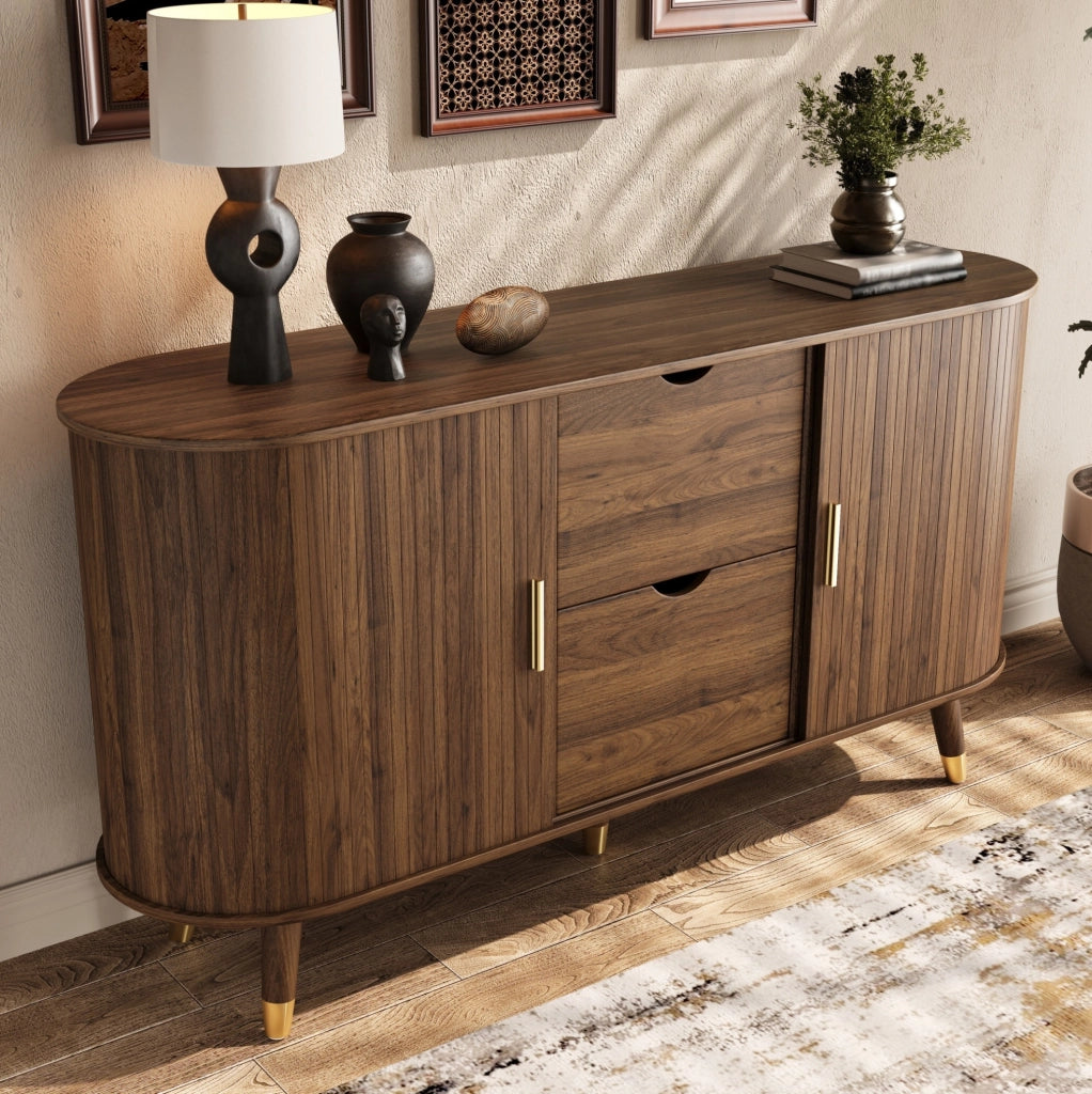 Sideboard in MDF noce con due cassetti, due ante scorrevoli e gambe in legno massello 140x40x79,5 cm