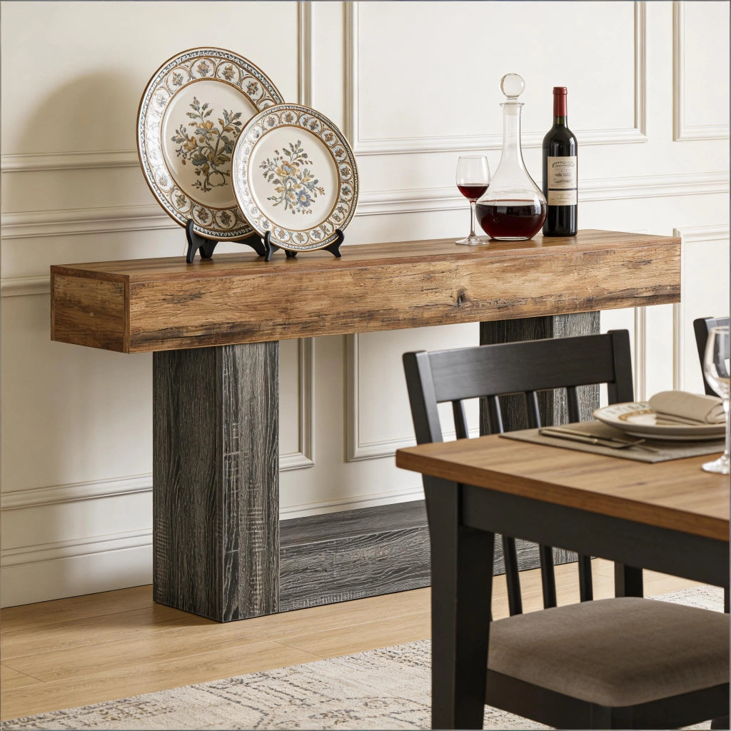 Consolle con ripiano inferiore e piedini regolabili, rustica per ingresso, in MDF, grigio e marrone, 160 cm