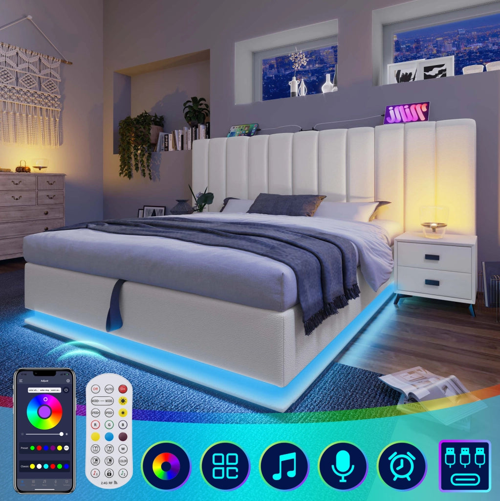 Letto contenitore 160 × 200 cm con LED; app; telecomando e 3 USB + Type-C; PU bianco