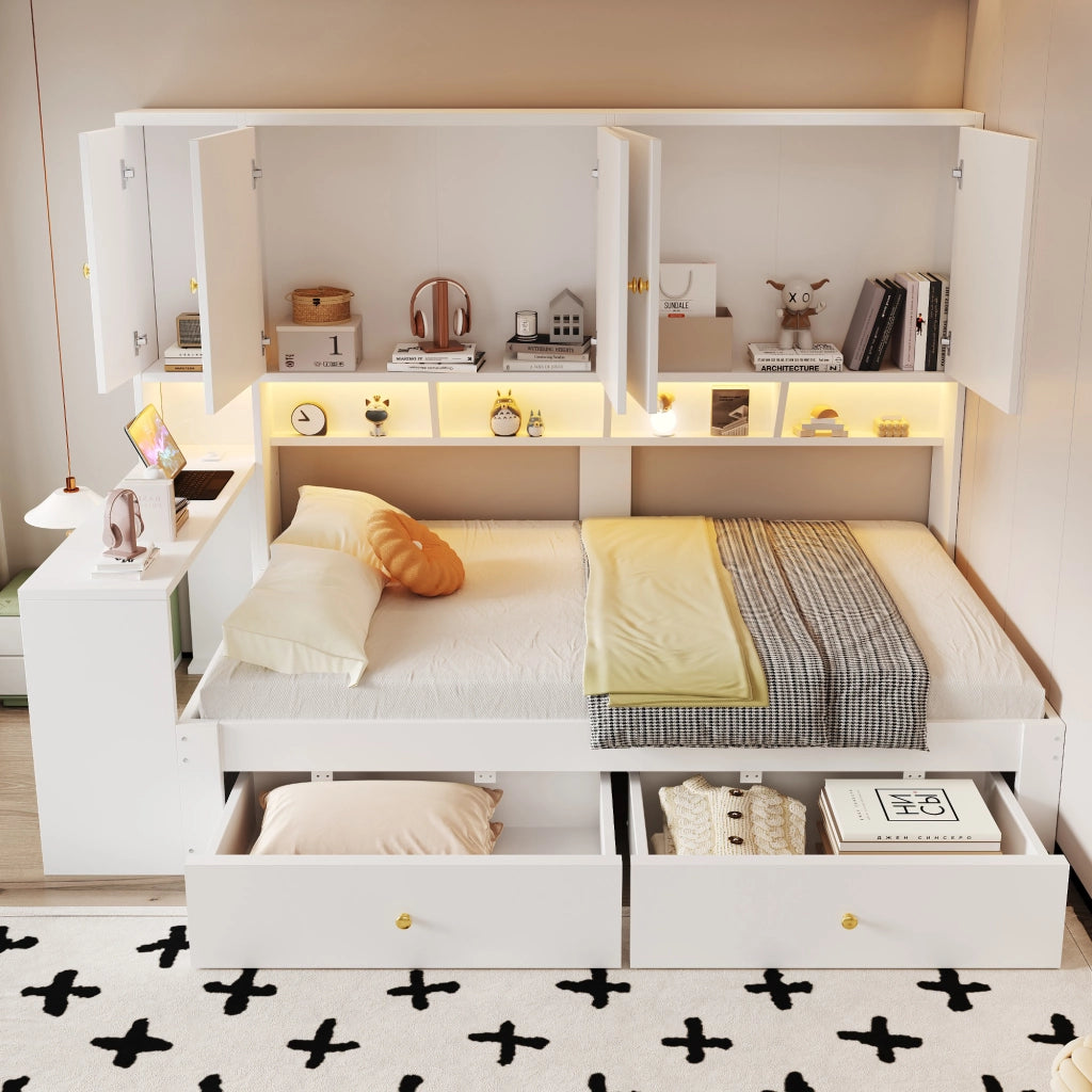 Letto per bambini 90x200 cm con scrivania integrata; LED; prese e cassetti; MDF bianco salvaspazio