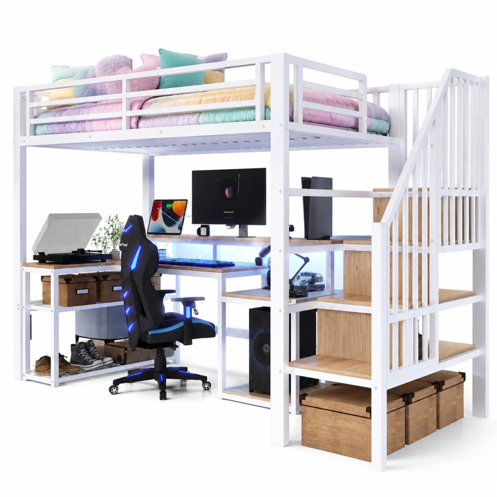 Letto a soppalco 90 ¡Á 200 cm con ripiani; scala con contenitore; barriera; LED multicolore; metallo e MDF bianco