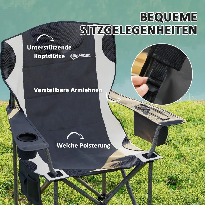 Set 2 Sedie Pieghevoli da Campeggio con Braccioli, Portabevande, Poggiatesta e Borsa Termica, Imbottite, Fino a 120 kg, per Esterno, Giardino e Pesca