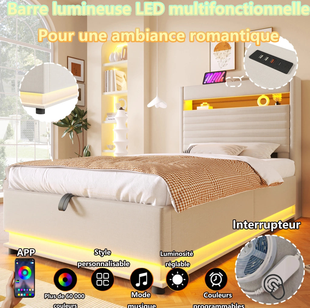 Letto imbottito con contenitore 90x200 cm; LED; USB e Type-C; lino beige