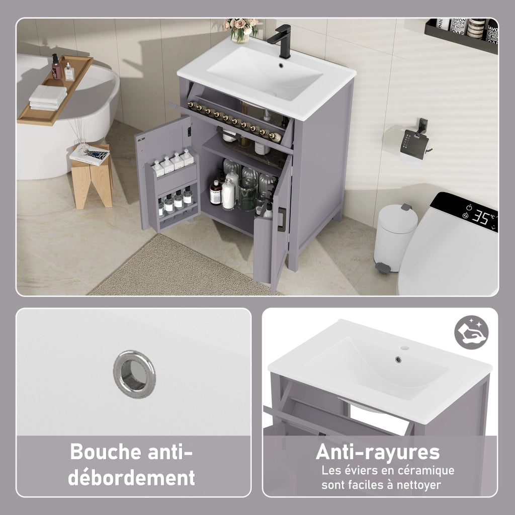 Mobile sottolavabo freestanding con lavabo in ceramica, ante doppie, cassetto reversibile e ripiano regolabile grigio 60 × 46 × 84,8 cm