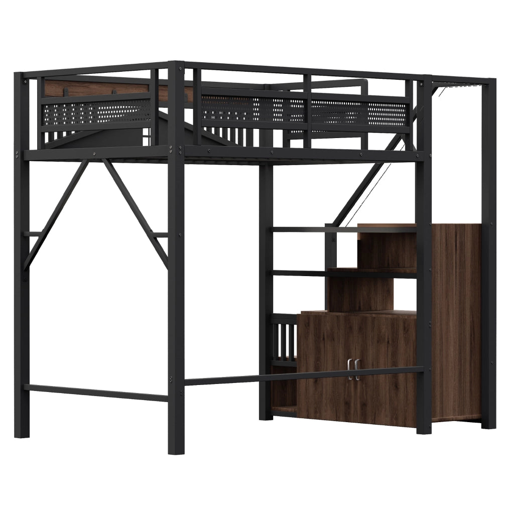 Letto a soppalco 140x200 cm in metallo nero con scale contenitore e finestra