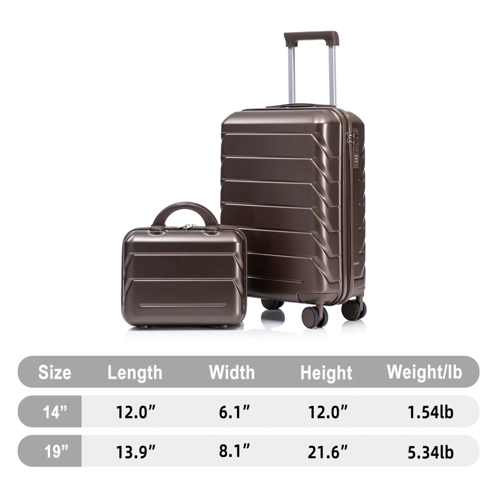 Set valigie ABS 2 pezzi con spinner e combinazione, marrone, include valigia 14"/19" e beauty case 14