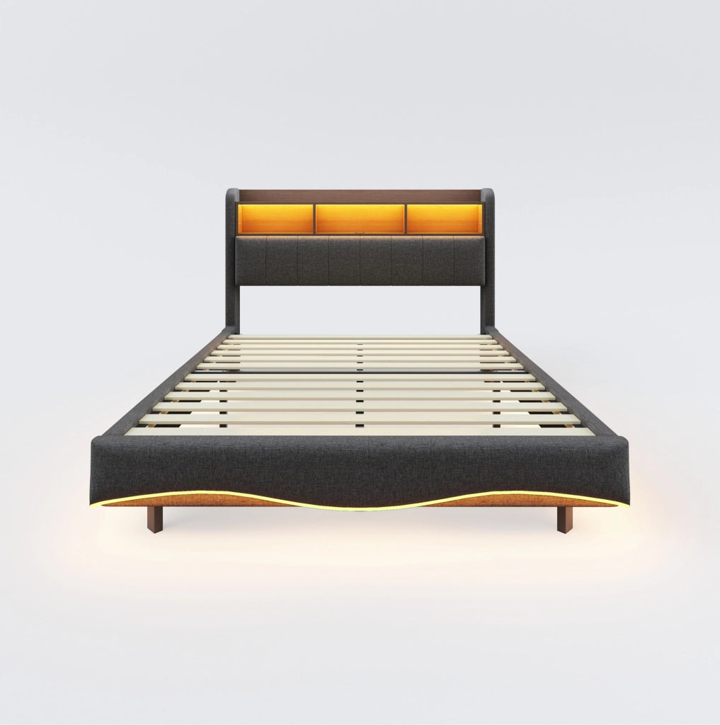Letto imbottito 160x200 cm con LED, USB e USB-C in tessuto grigio