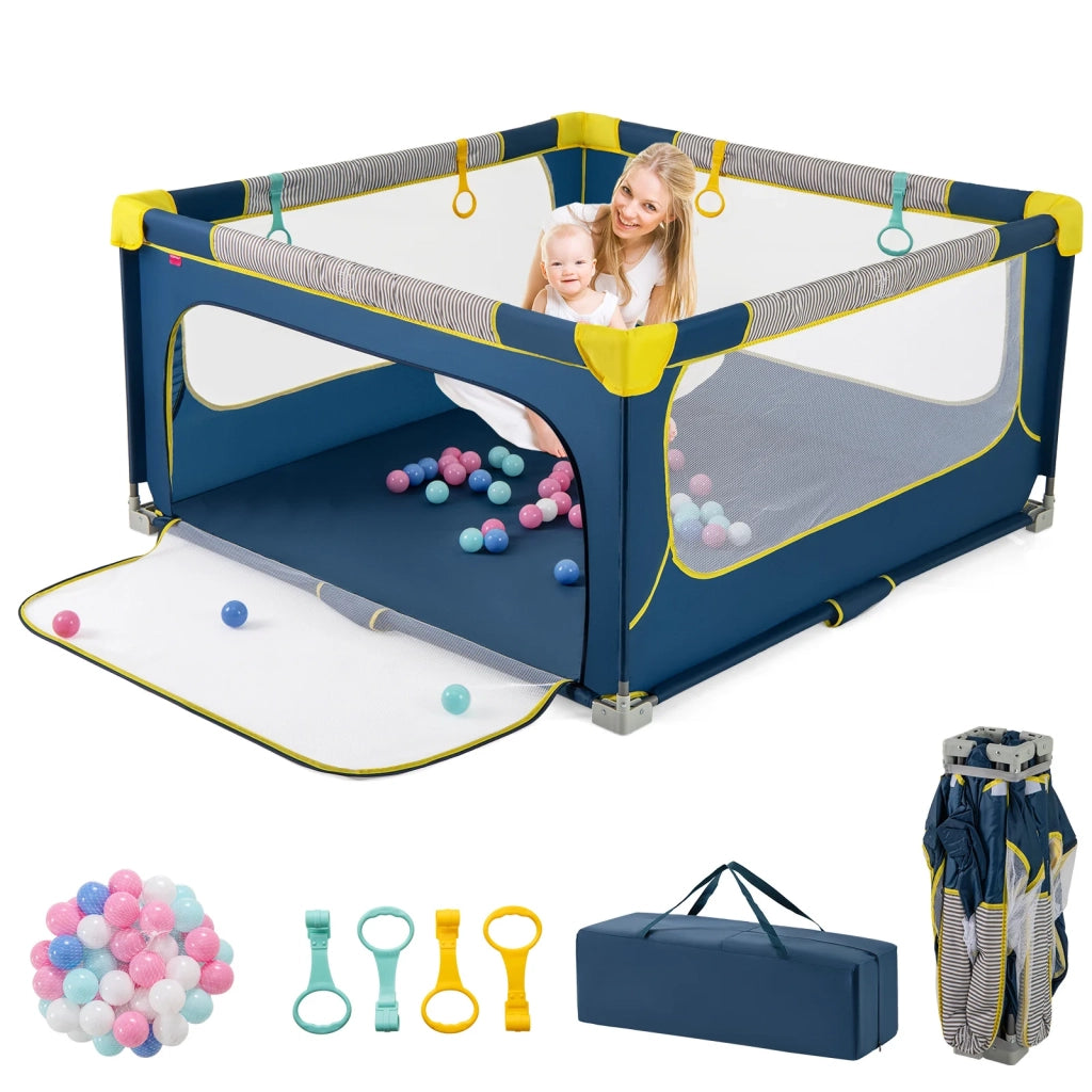 Box per bambini pieghevole 150 x 150 cm con porta a cerniera blu, recinto per bambini robusto e portatile per casa e viaggi