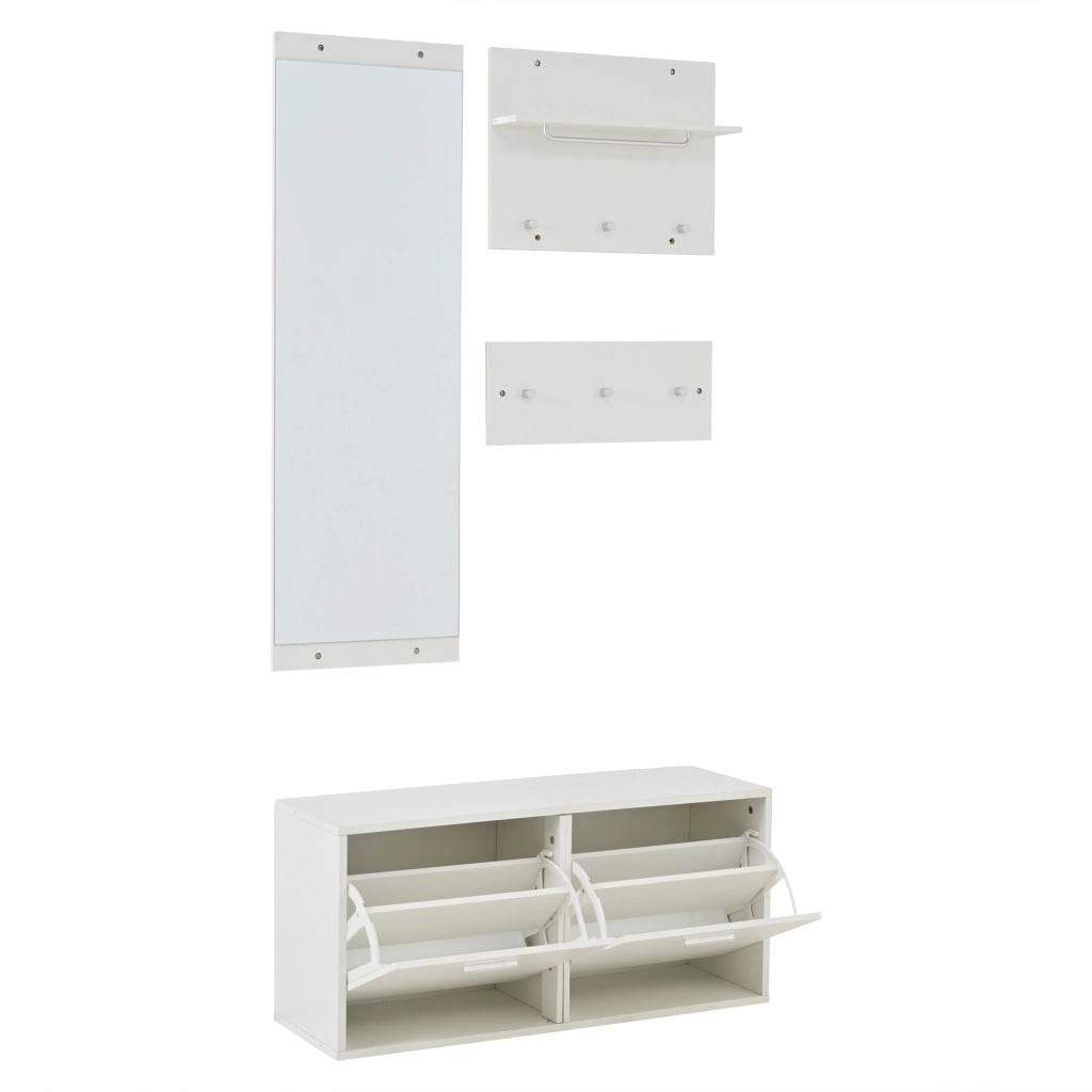 Mobile da ingresso con specchio, 6 ganci e scarpiera a 4 ripiani per ingresso e corridoio, bianco, 90 × 30 × 41.5 cm