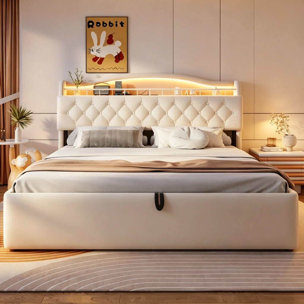 Letto matrimoniale 180 × 200 cm con contenitore idraulico in velluto beige LED USB e USB-C