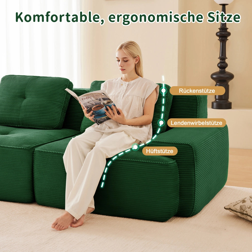 Divano modulare con seduta profonda design senza struttura base antiscivolo per soggiorno in velluto a coste verde